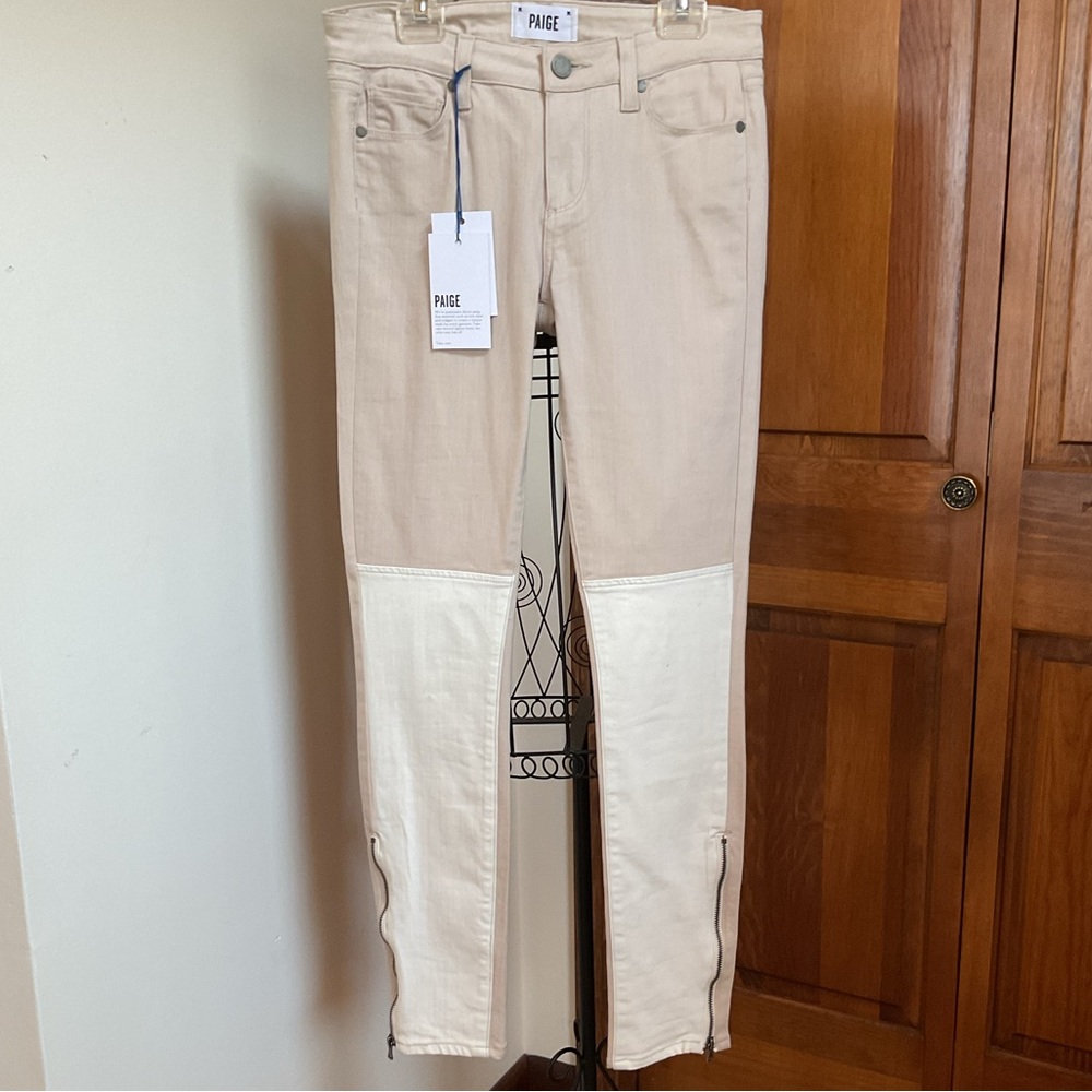 Paige Denim Cara Color Block Beige Ivory Ankle Zip Jeans Size 27 - Picture 2 of 10
